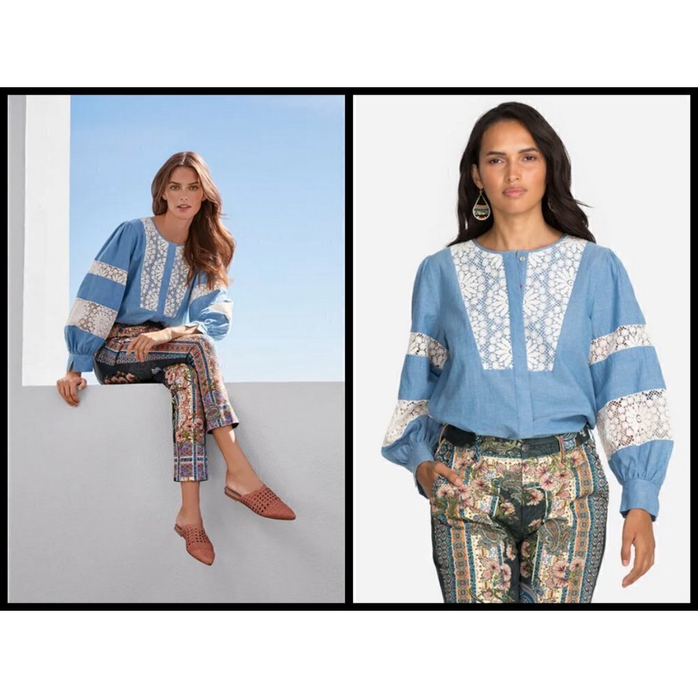 💕JOHNNY WAS💕 Thalassa Pieced Button-down Shirt Lace Detail Chambray Blue NWT